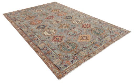 Corner detail of New Kazak rug showing border pattern and Wool pile