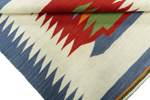 Full view of New Kilim Sofre rug from Turkey, 108 × 103 cm in Multi Color tones