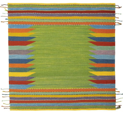 Full view of New Kilim Sofre rug from Turkey, 108 × 108 cm in Multi Color tones