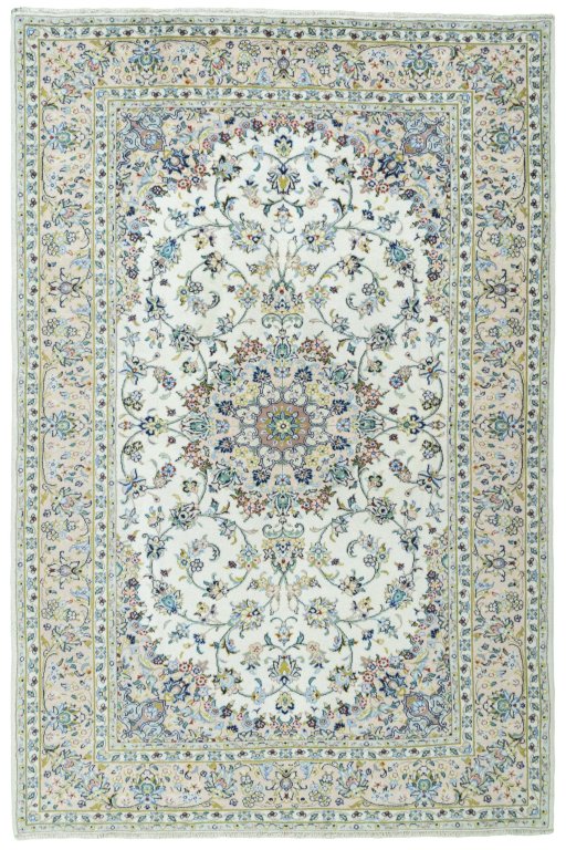 Full view of New Kashan rug from Iran / Persia, 232 × 155 cm in Beige tones
