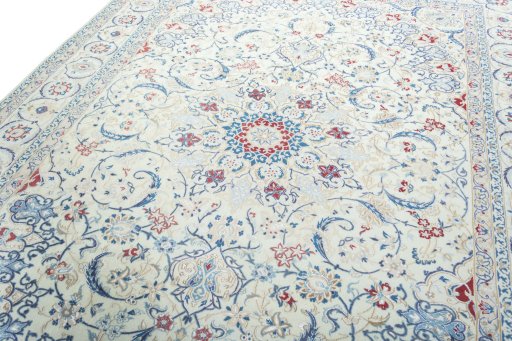 Backside of handmade 2000s Nain rug showing knot structure and weave density