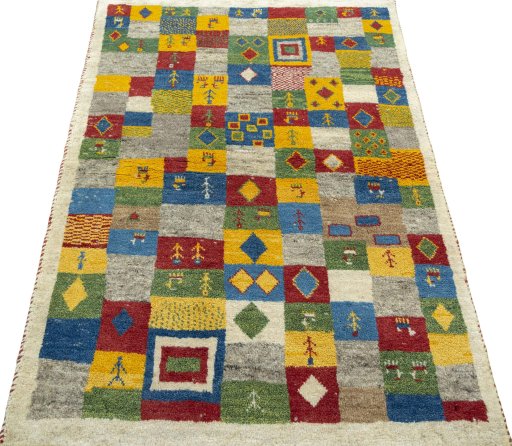 Surface texture of 2000s Persian Gabbeh rug with natural Wool and intricate pattern