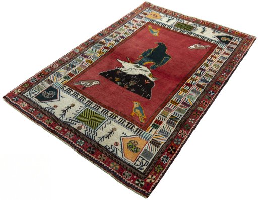 Corner detail of 2000s Persian Gabbeh rug showing border pattern and Wool pile