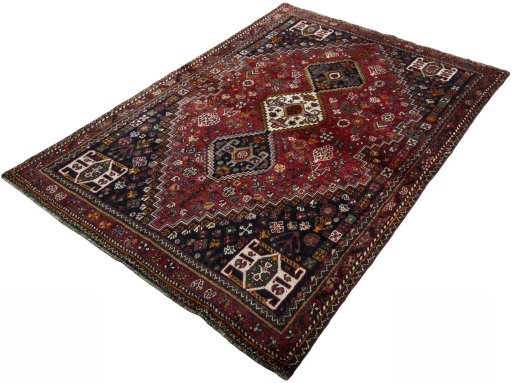 Corner detail of 2000s Shiraz rug showing border pattern and Wool pile