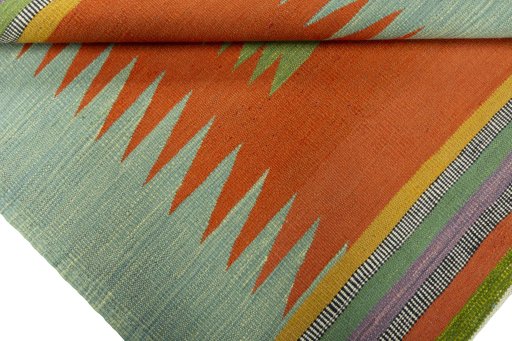 Full view of New Kilim Sofre rug from Turkey, 107 × 94 cm in Multi Color tones