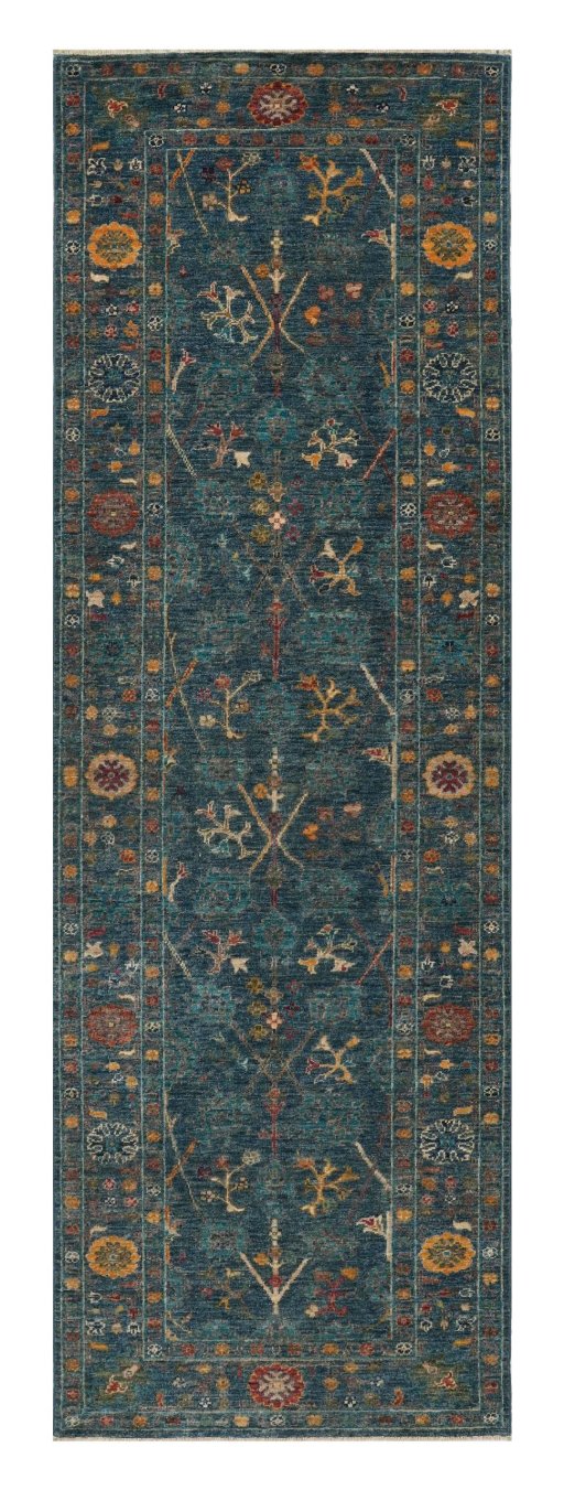 Full view of New Farahan rug from Pakistan, 250 × 81 cm in Blue tones