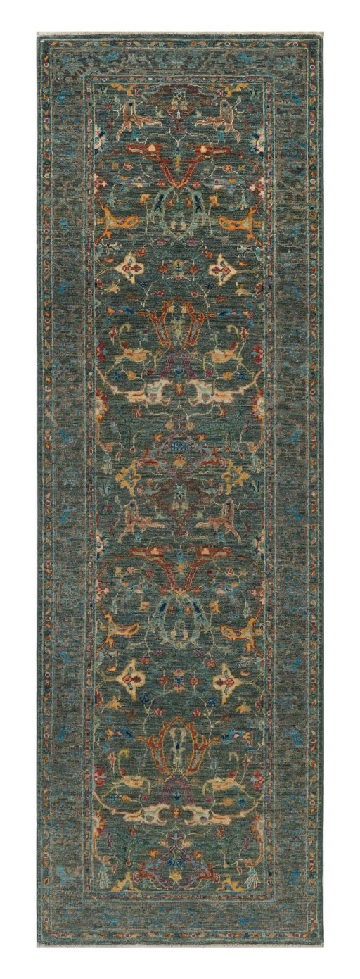 Full view of New Farahan rug from Pakistan, 241 × 77 cm in Green tones