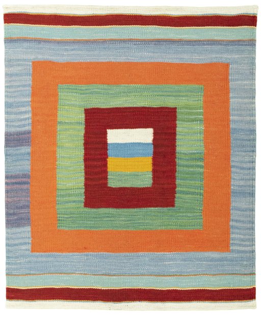 Full view of New Kilim Sofre rug from Turkey, 101 × 83 cm in Multi Color tones