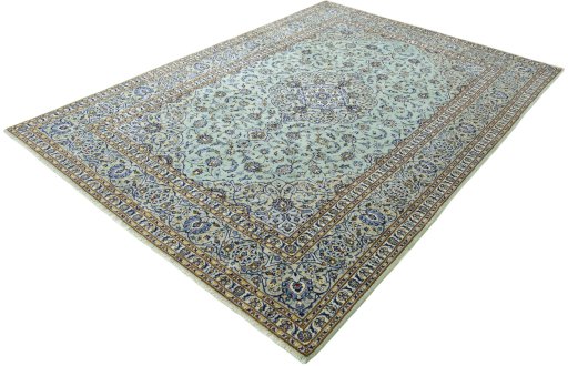 Corner detail of 2000s Kashan rug showing border pattern and Wool pile