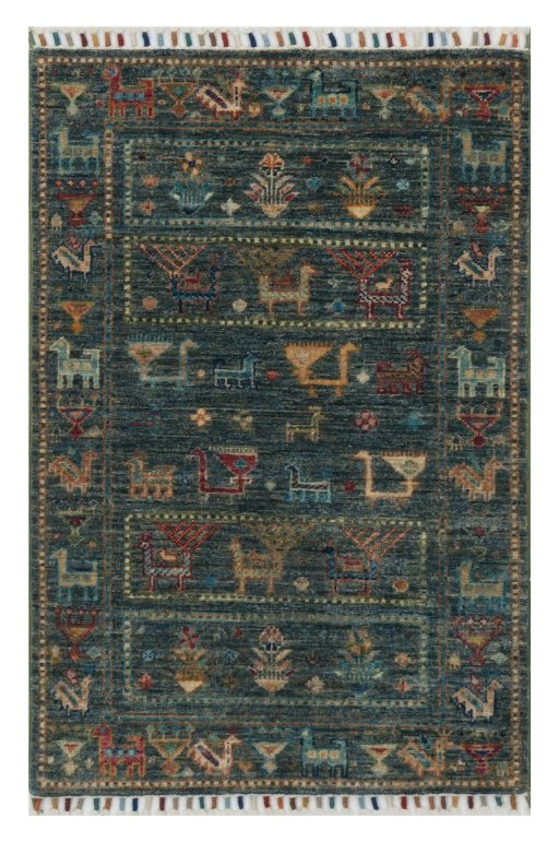 Full view of New Samarkand rug from Pakistan, 97 × 66 cm in Green tones