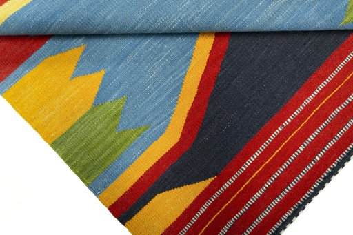 Full view of New Kilim Sofre rug from Turkey, 106 × 95 cm in Multi Color tones