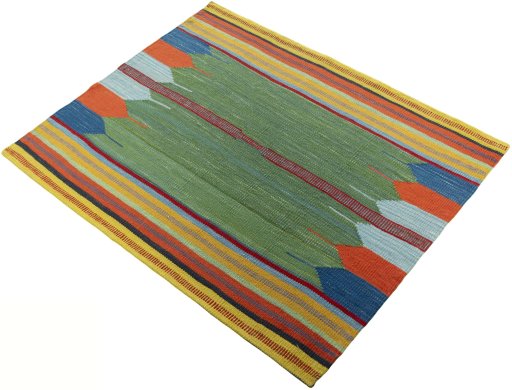 Corner detail of New Kilim Sofre rug showing border pattern and Wool pile