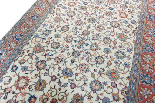Backside of handmade 2000s Sarough rug showing knot structure and weave density