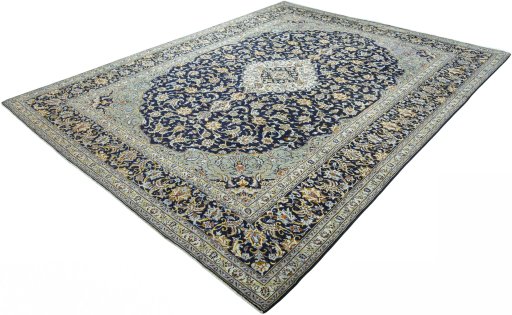 Corner detail of 2000s Kashan rug showing border pattern and Wool pile