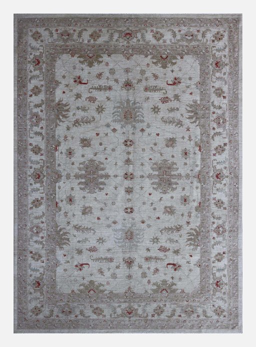 Full view of New Farahan rug from Pakistan, 338 × 247 cm in Beige tones