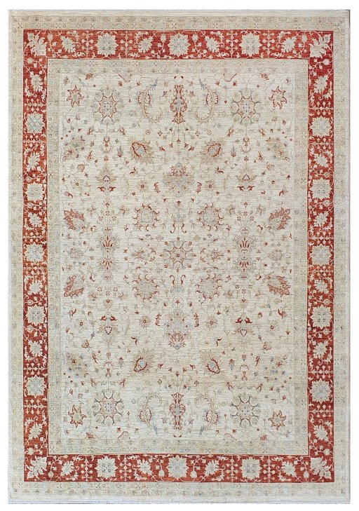 Full view of New Farahan rug from Pakistan, 406 × 270 cm in Beige tones