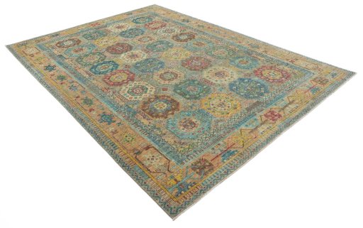 Corner detail of New Farahan rug showing border pattern and Wool pile