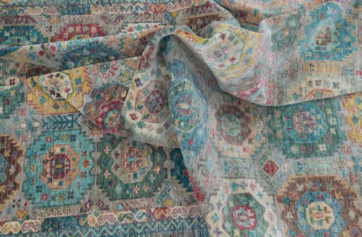 Full view of New Farahan rug from Pakistan, 334 × 249 cm in Multi Color tones