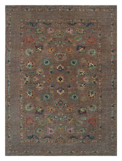 Full view of New Farahan rug from Pakistan, 337 × 249 cm in Brown tones