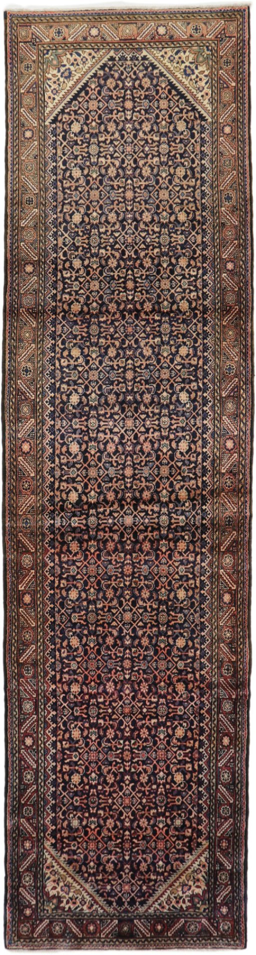 Full view of 2000s Farahan rug from Iran / Persia, 410 × 110 cm in Dark blue tones