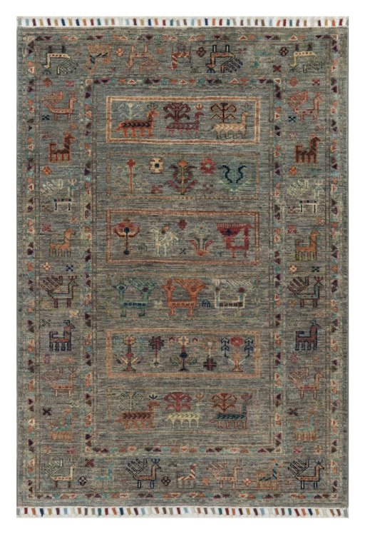 Full view of New Samarkand rug from Pakistan, 125 × 85 cm in Gray tones