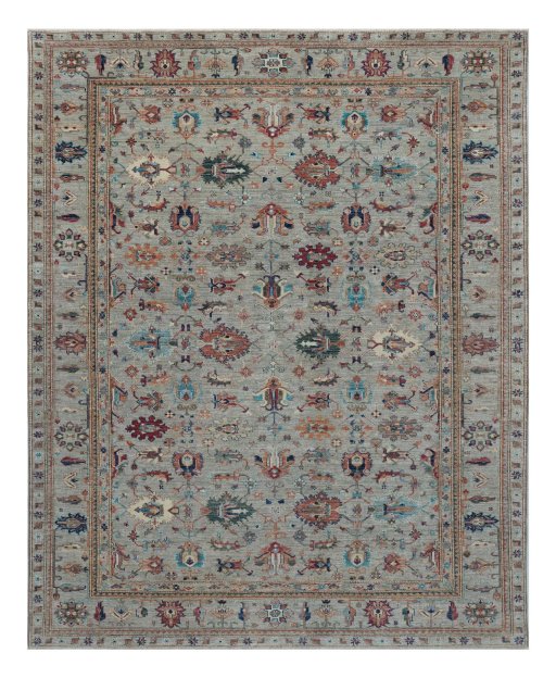 Full view of New Kazak rug from Pakistan, 310 × 249 cm in Gray tones