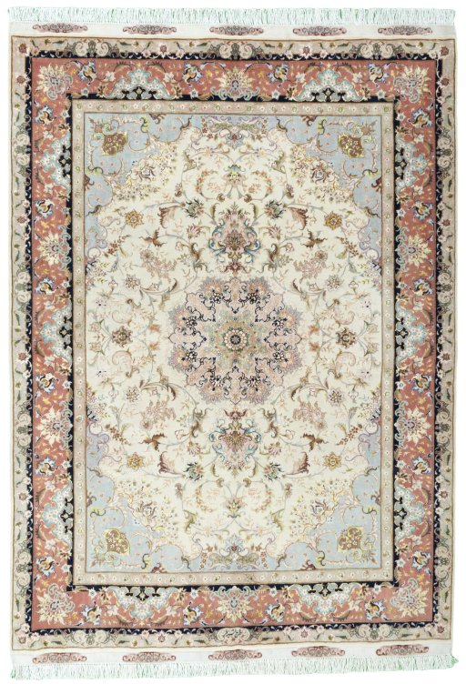 Full view of New Tabriz 50/60/70 Raj rug from Iran / Persia, 213 × 150 cm in Beige tones