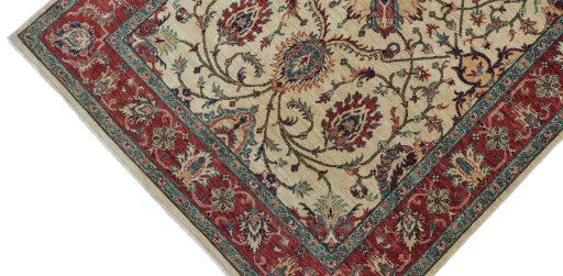 Backside of handmade New Farahan rug showing knot structure and weave density