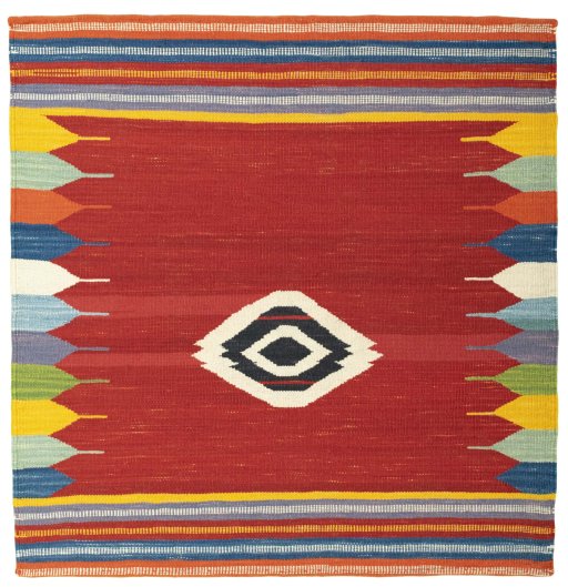 Full view of New Kilim Sofre rug from Turkey, 104 × 102 cm in Multi Color tones
