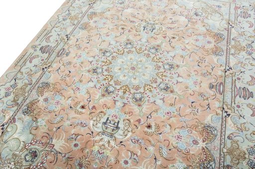 Backside of handmade 2000s Tabriz 50/60/70 Raj rug showing knot structure and weave density