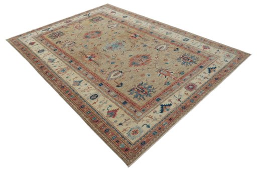 Corner detail of New Kazak rug showing border pattern and Wool pile