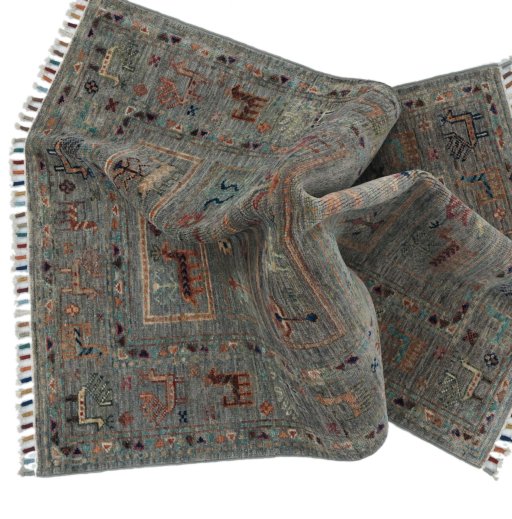 Full view of New Samarkand rug from Pakistan, 125 × 85 cm in Gray tones