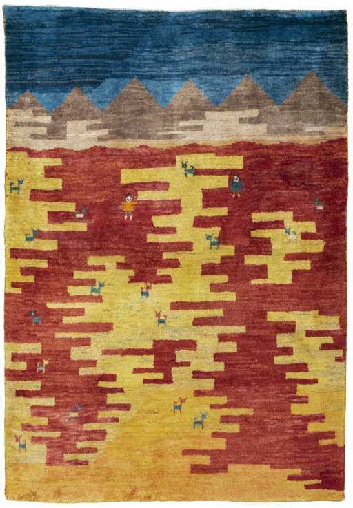 Full view of 2000s Persian Gabbeh rug from Pakistan, 170 × 118 cm in Multi Color tones