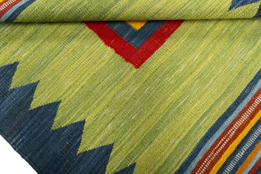 Full view of New Kilim Sofre rug from Turkey, 115 × 107 cm in Multi Color tones