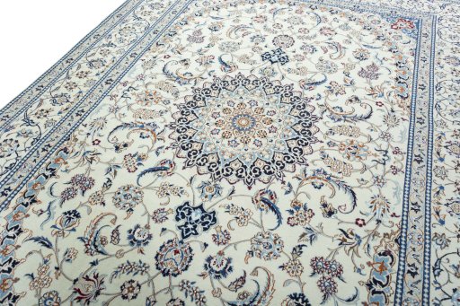 Backside of handmade New Nain rug showing knot structure and weave density