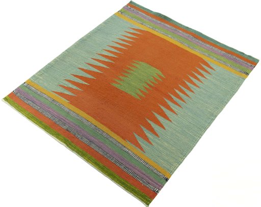 Corner detail of New Kilim Sofre rug showing border pattern and Wool pile