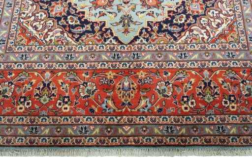Full view of New Kashan rug from Iran / Persia, 298 × 210 cm in Blue tones