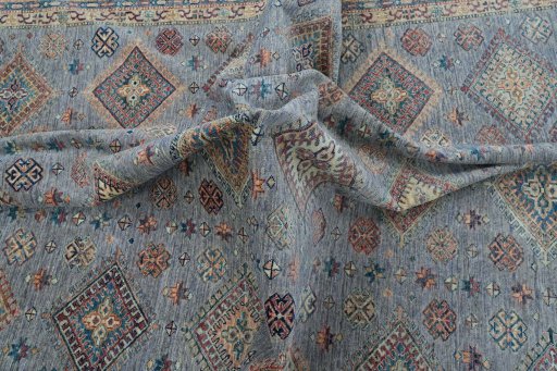 Full view of New Kazak rug from Pakistan, 297 × 247 cm in Gray tones