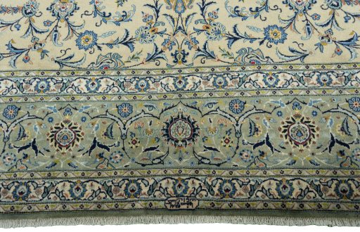 Full view of 2000s Kashan rug from Iran / Persia, 442 × 323 cm in Beige tones