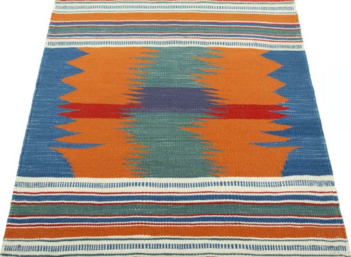 Close-up detail of New Kilim Sofre rug from Turkey showing Wool weave