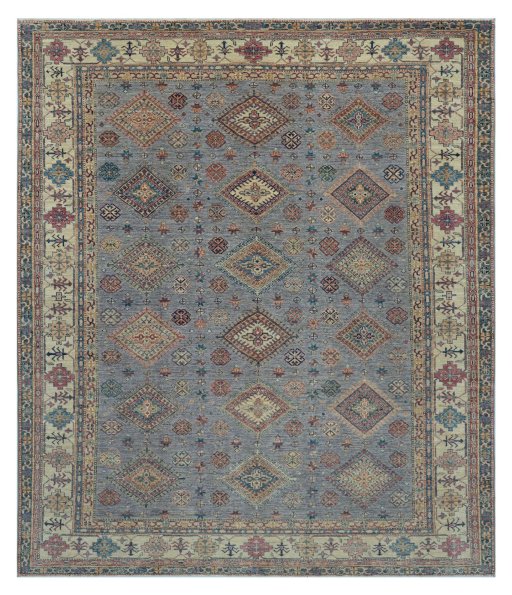 Full view of New Kazak rug from Pakistan, 297 × 247 cm in Gray tones