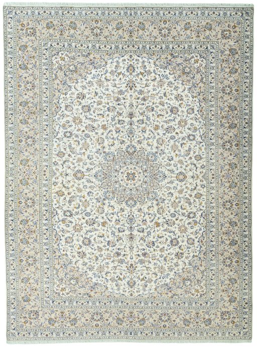 Full view of 2000s Kashan rug from Iran / Persia, 400 × 296 cm in Beige tones