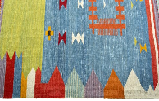 Close-up detail of New Kilim Sofre rug from Turkey showing Wool weave