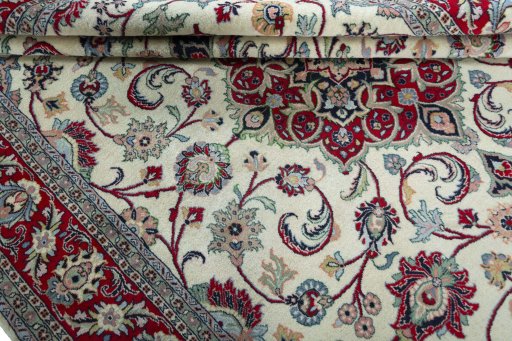 Close-up detail of 2000s Sarough rug from Iran / Persia showing Wool weave