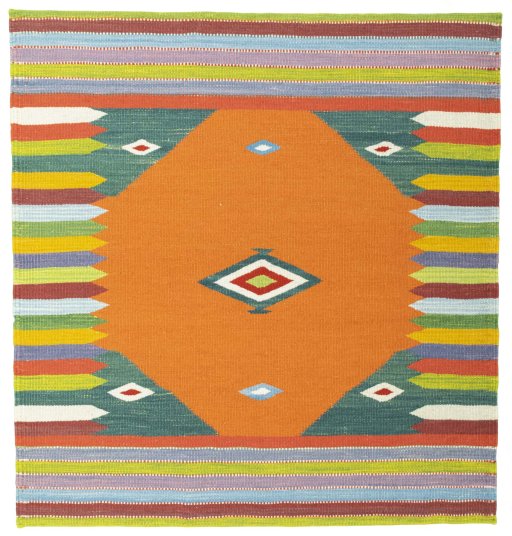 Full view of New Kilim Sofre rug from Turkey, 103 × 97 cm in Multi Color tones