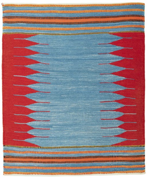Full view of New Kilim Sofre rug from Turkey, 111 × 92 cm in Multi Color tones