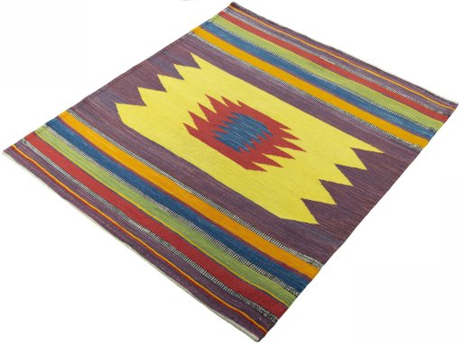 Corner detail of New Kilim Sofre rug showing border pattern and Wool pile