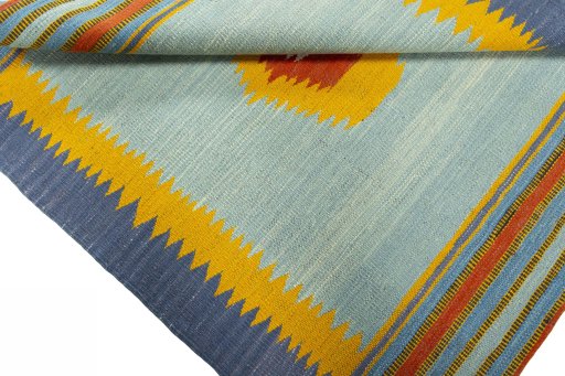 Full view of New Kilim Sofre rug from Turkey, 107 × 95 cm in Multi Color tones