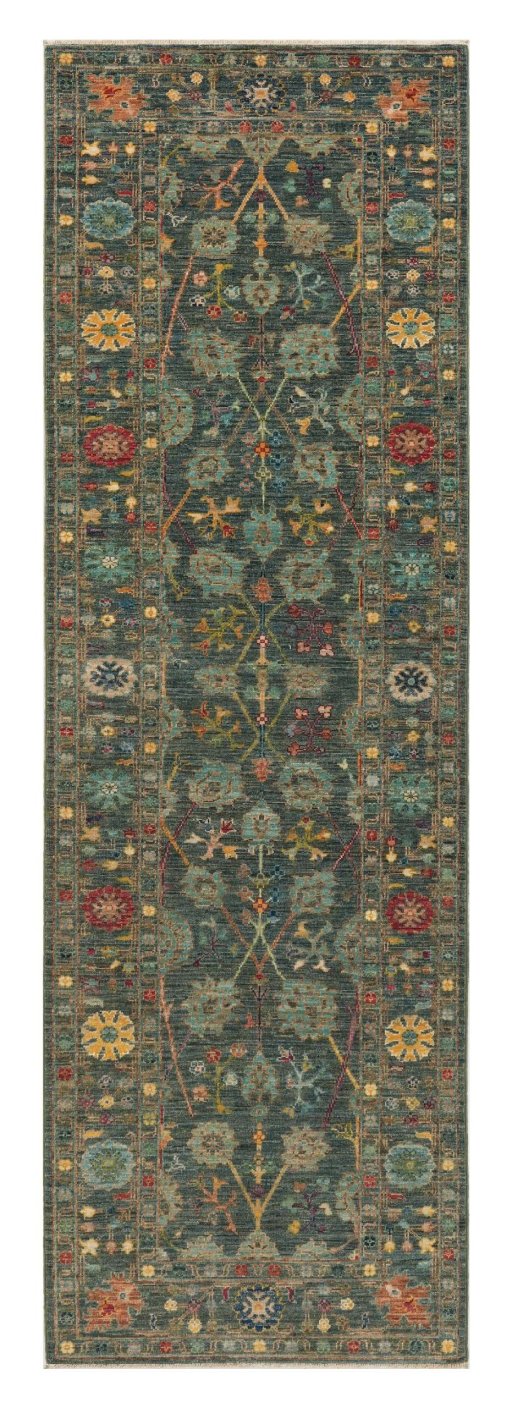 Full view of New Farahan rug from Pakistan, 246 × 78 cm in Green tones