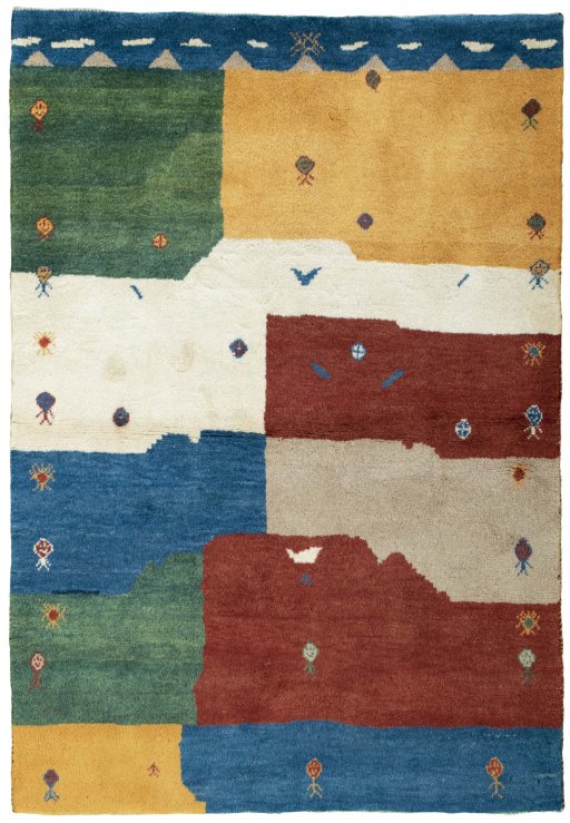 Full view of 2000s Persian Gabbeh rug from Pakistan, 187 × 130 cm in Multi Color tones